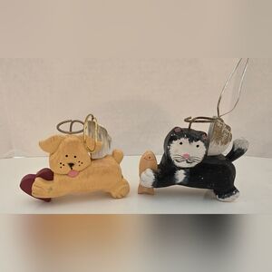 Vintage Handpainted Wood Folk Art Angel Cat & Dog Christmas Ornaments